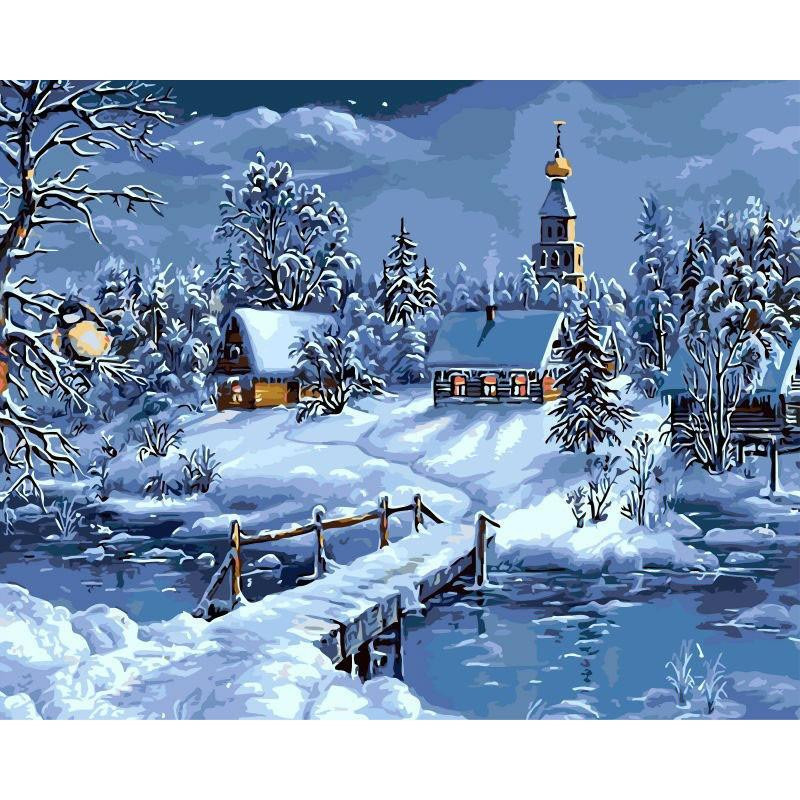 Ur Jul Snö Landskap Diy Målning Av Tal Handmålad Duk Målning Unik För Jul Dekoration Konstverk