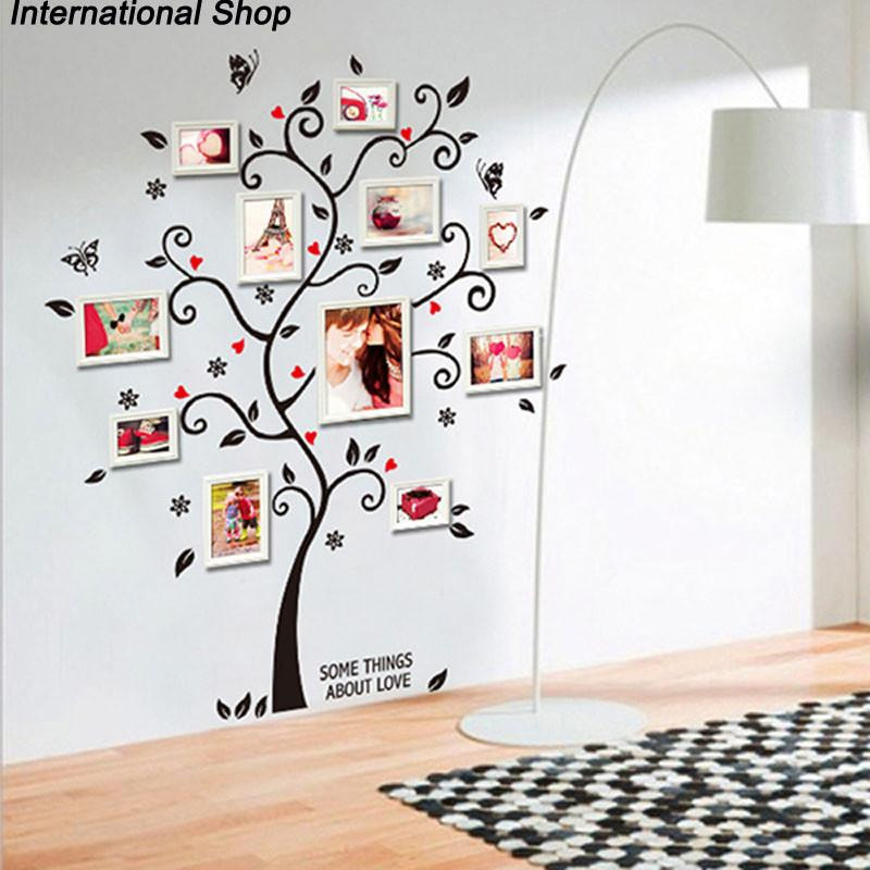 Chic Svart Familj Foto Ram Träd Fjäril Blomma Hjärta Mural Vägg Sticker Levande Rum Dekaler Adesivo