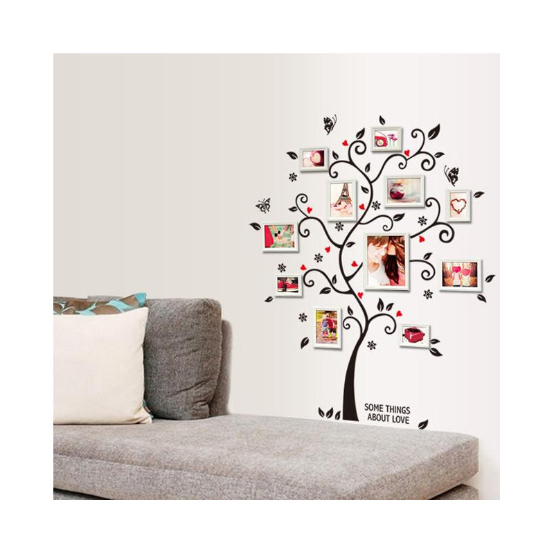 Chic Svart Familj Foto Ram Träd Fjäril Blomma Hjärta Mural Vägg Sticker Hem Dekor Rum Dekaler