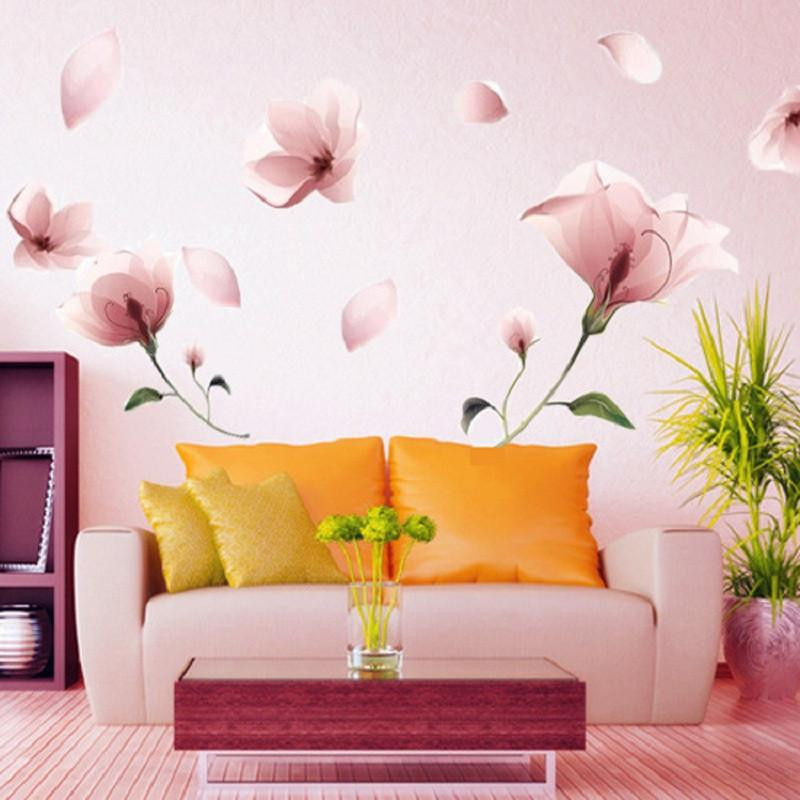 Romantisk Elegant Matt Rosa Lilja Blomma Kronblad Avtagbar Vägg Sticker Sovrum Levande Rum Hem Diy