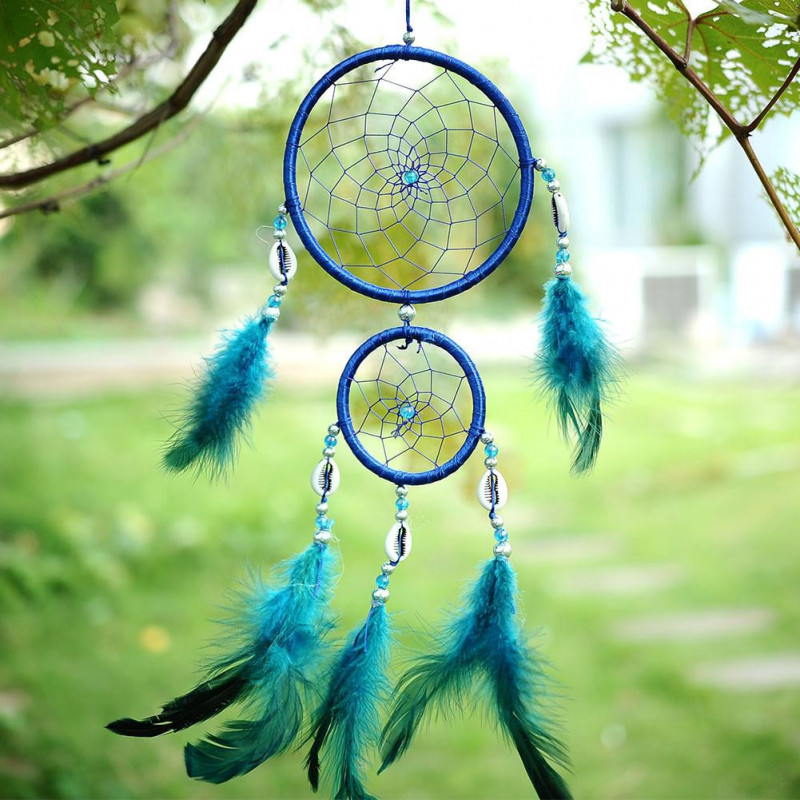 Indien Stil Handgjort Blå Dröm Catcher Cirkulär Netto Med Fjäder Hängande Dekoration Dekor Ydnad