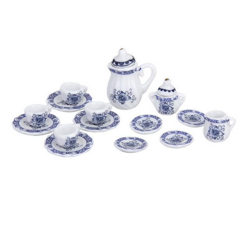 15st Brittisk Stil 1 12 Dockhus Miniatyr Dining Servis Porslin Te Uppsättning Te Kopp Tallrik Blå