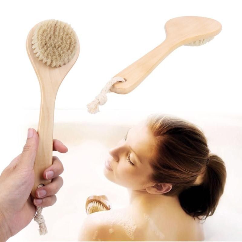 Bad Borsta Trä Hantera Naturlig Borst Mitten Lång Hantera Trä Dusch Kropp Bad Borsta Runda Huvud Bad