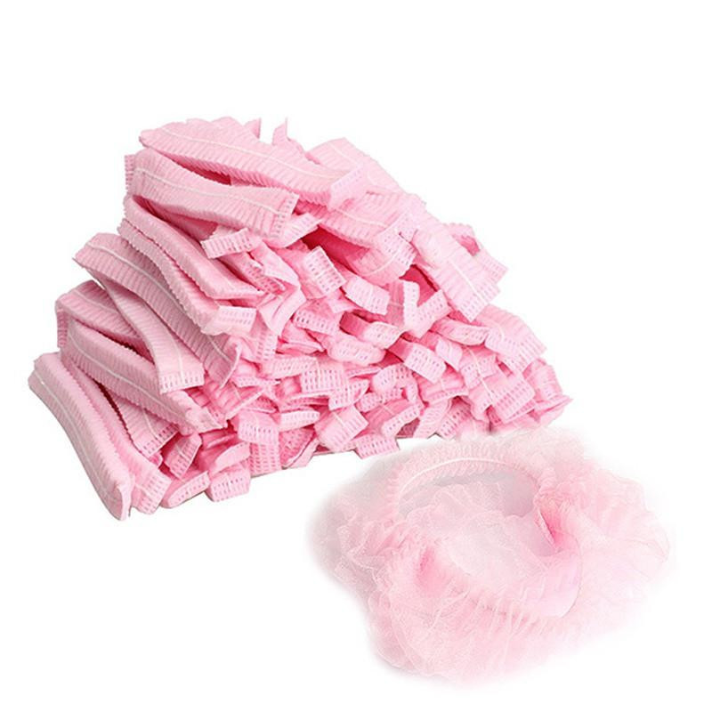 100pcs Disponibel Dusch Keps Hattar Ej Vävd Veckade Anti Damm Disponibel Dusch Caps Rosa