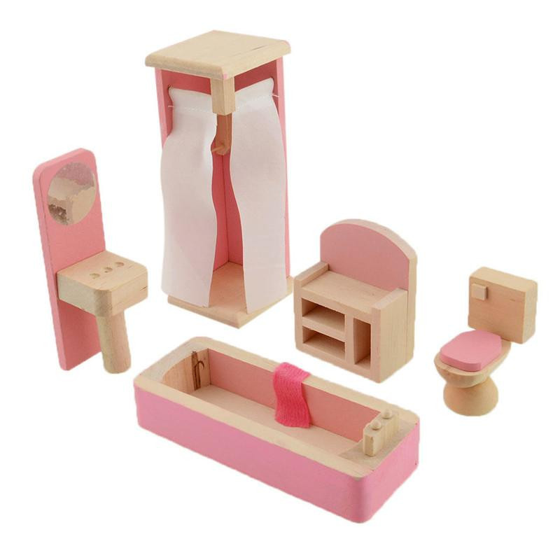Rosa Färg Trä Docka Badrum Möbel Leksak Docka Hus Miniatyr För Barn Barn Spela Leksak Pedagogisk