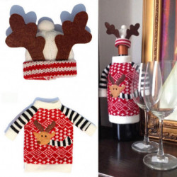 Aslt 2pcs Uppsättning Jul Röd Vin Covers Flaska Omslag Inomhus Dekoration Hjorthorn Hattar Top Kostym