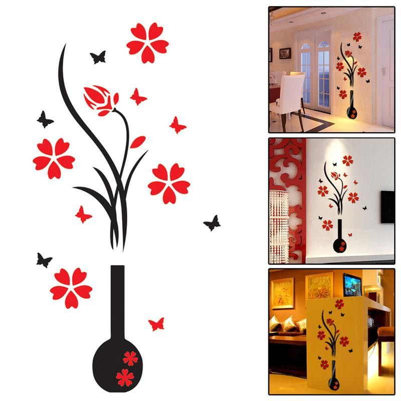 3d Konst Vas Blomma Plommon Träd Arcylic Vägg Sticker Hem Rum Dekor Diy Adesivo De Parede Pegatinas