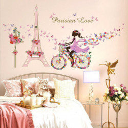 Romantisk Paris Vägg Sticker För Barn Rum Eiffel Torn Blomma Fjäril Fe Flicka Ridning Vägg Konst
