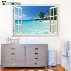 Enorm 90 X 60cm Avtagbar Strand Hav 3d Fönster Se Landskap Vägg Sticker Dekor Dekaler För Levande