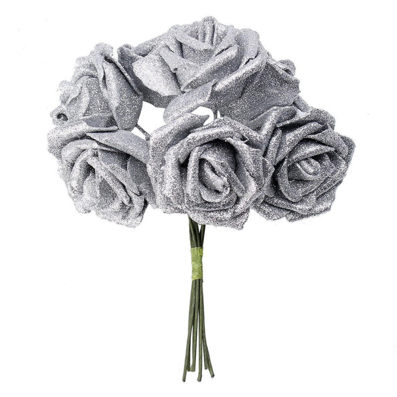 7 Skum Reste Sig Artificiell Blomma Glitter Brud Bukett Hem Bröllop Dekoration Silver
