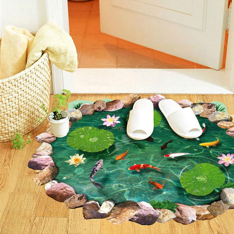1x 60 X 90cm Vattentät Halkskydd Lotus Guldfisk Mönster Diy 3d Vägg Klistermärken Badrum Levande
