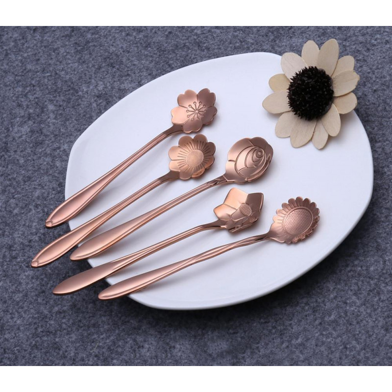 Reste Sig Guld 5pcs Uppsättning Porslin Blomma Form Socker Rost Stål Te Kaffe Sked Teskedar Is Grädde