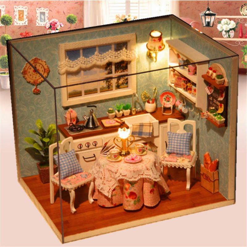 Diy 3d Trä Dockhus Miniatyr Dining Rum Modell Utrustning Med Omslag Och Led Möbler Hantverk Miniatyr