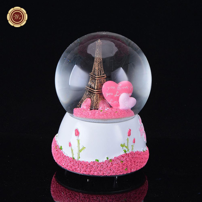 Paris Snö Klot Eiffel Torn Musik Låda W Rosa Hjärta Bröllop KÄrlek