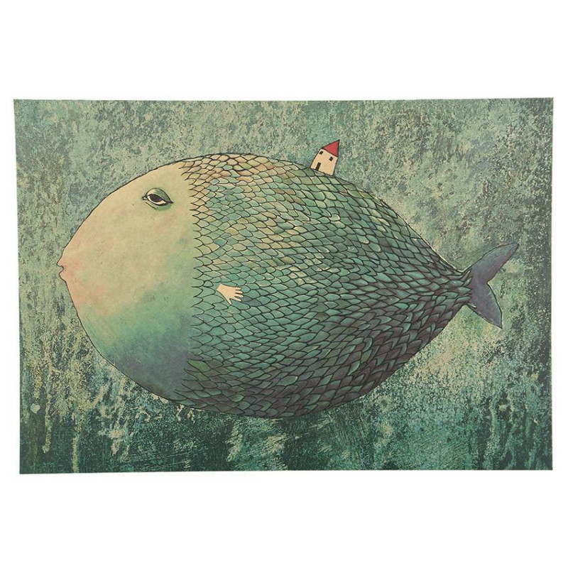 1 Pcs Årgång Stor Fisk Små Hus Tecknad Serie Illustration Kraft Papper Affisch Sovrum Ydnad Vägg