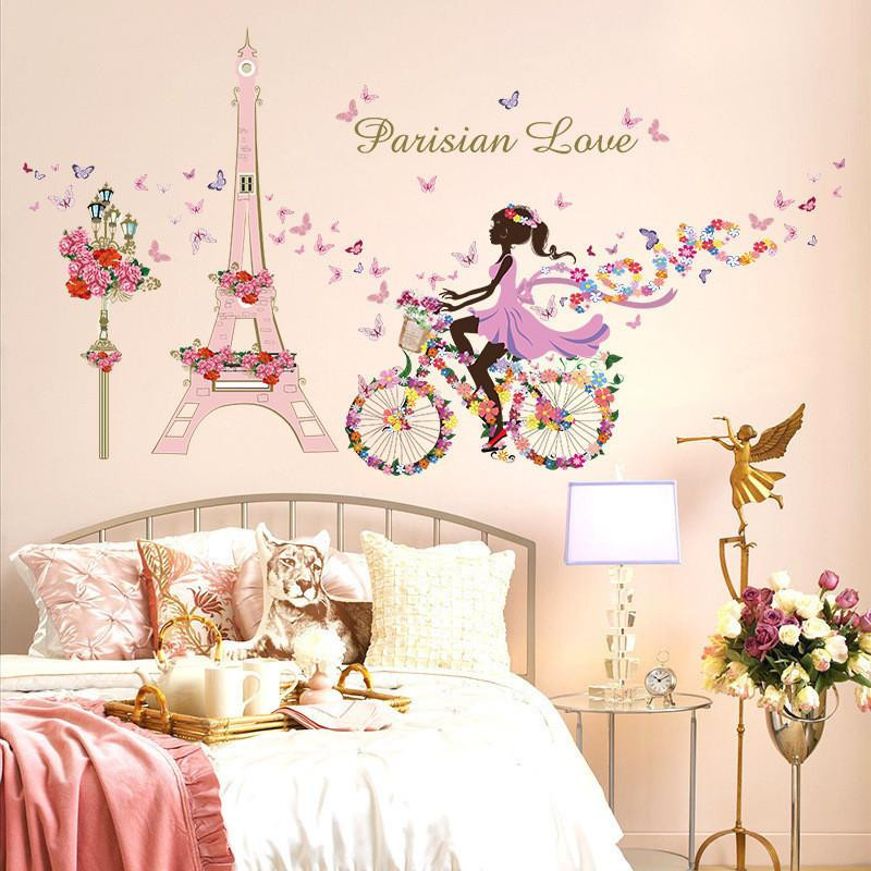 Romantisk Paris Kärlek Blomma Fjäril Fe Flicka Ridning Cykel Vägg Sticker För Barn Rum Konst Dekal