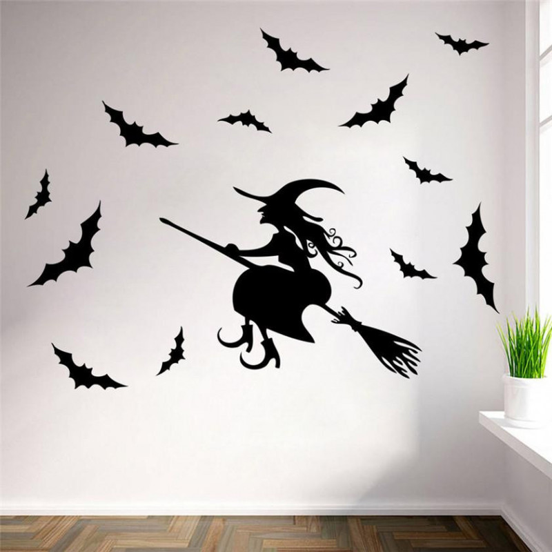 Noll Lycklig Halloween Häxa Bats Vägg Sticker Fönster Hem Dekoration Dekal Dekor