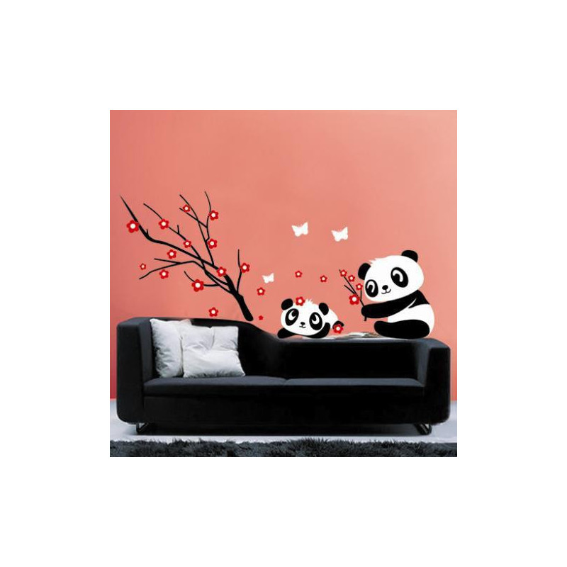 Två Härlig Bebis Panda Vägg Sticker Hem Dekorationpanda Och Körsbär Blomma Träd