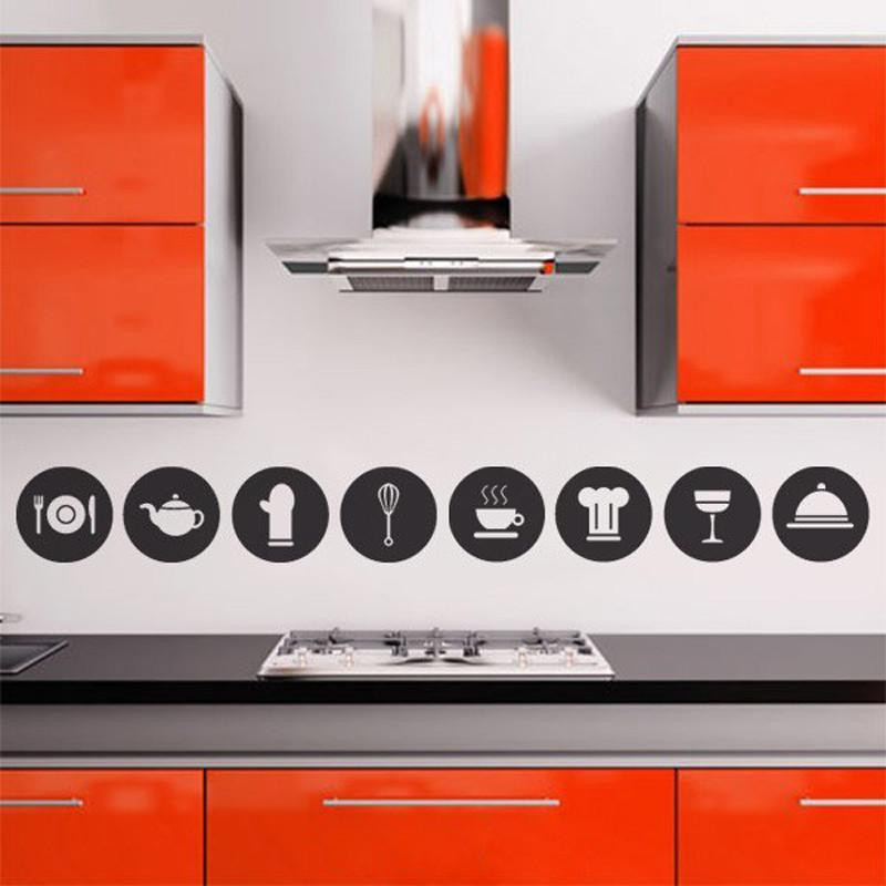 8pcs Söt Kök Dekorativ Piktogram Cirkel Matlagning Verktyg Vil Diy Vägg Sticker Kök Lim Mural Dekal