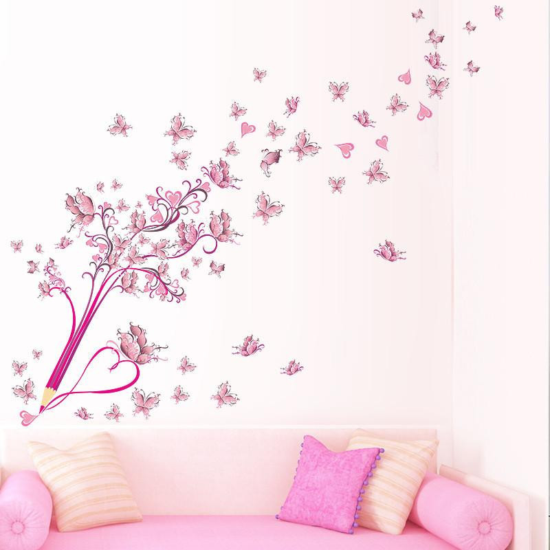 Flygande Rosa Buttrfly Blomma Blomma Penna Träd Avtagbar Levande Rum Flickor Sovrum Vägg Sticker Diy