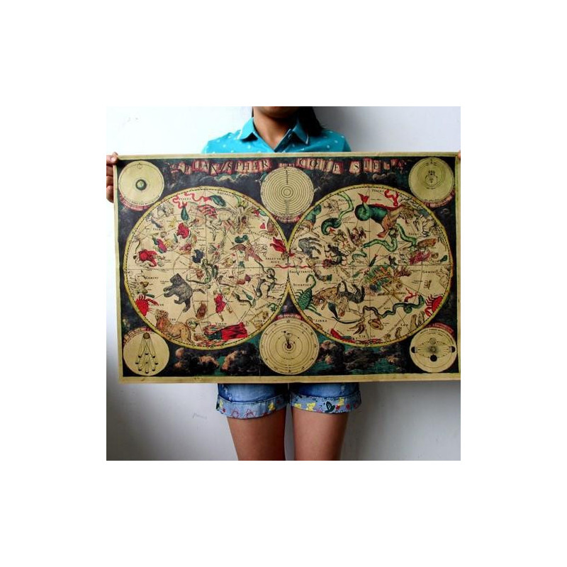 Stor Årgång Stil Retro Papper Affisch 1680 Gammal Zodiaken Konstellation Karta