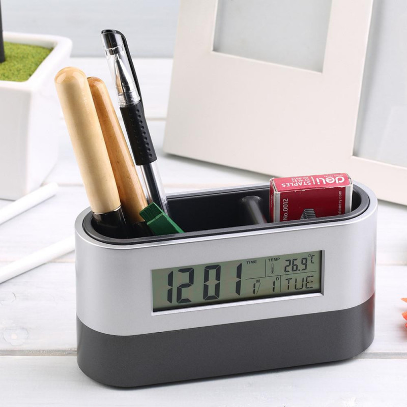 Multifunktionell Hem Kontor Digital Snooze Larm Klocka Penna Hållare Kalender Temperatur Visa Svart