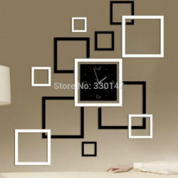 Svart Och Silver Spegel Effekt Ram Vägg Klocka Akryl Vägg Sticker Diy Modern Design Fyrkant Kolla På