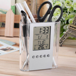 Digital Skrivbord Penna Penna Hållare Lcd Larm Klocka Termometer Kalender Visa