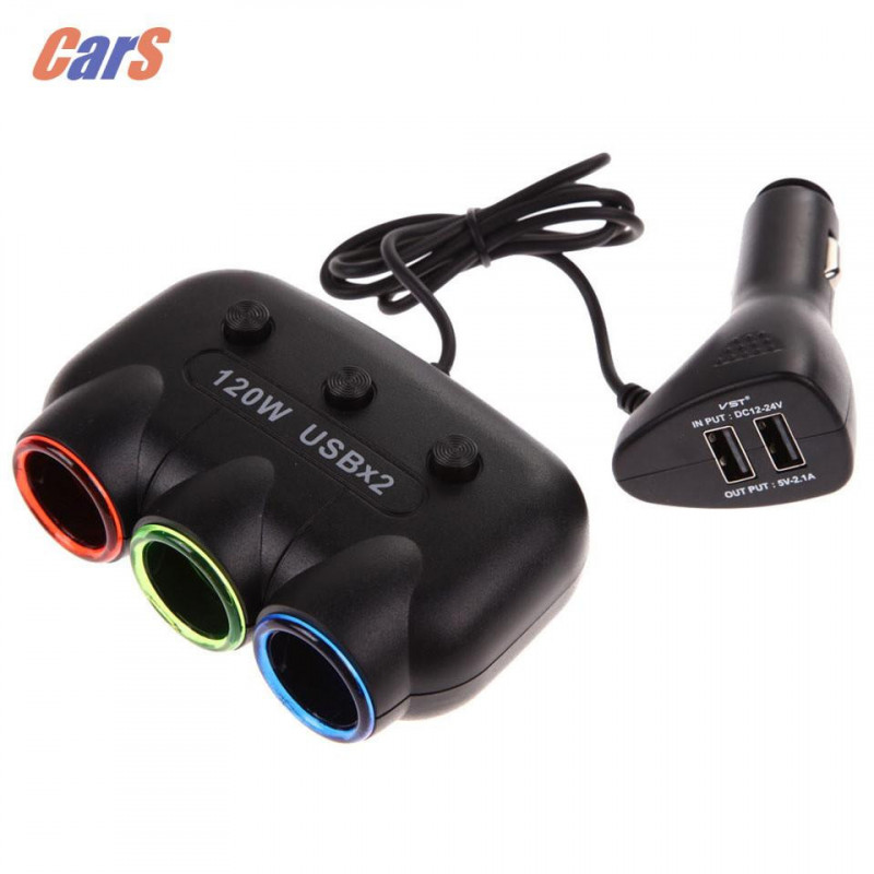 Bil Laddare Bil Cigarett Lättare Uttag Splitter Usb Hamn 3 Sockets 120w Super Kraft Adapter För Iphone