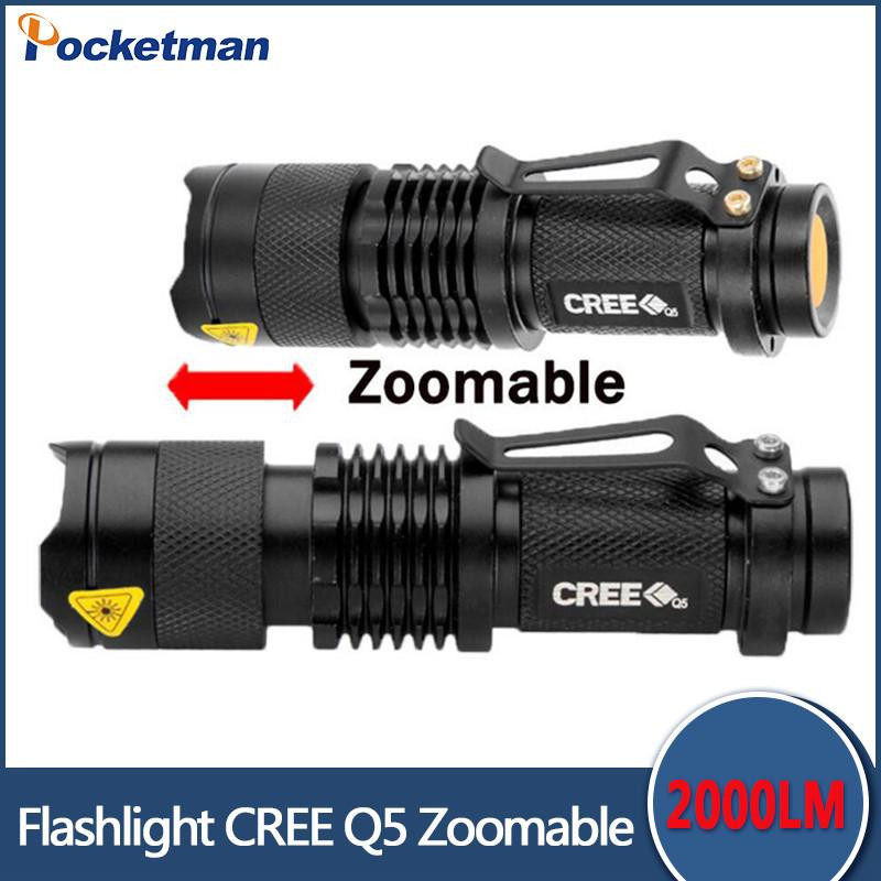 Mini Led Ficklampa Svart Cree Q5 2000lm Vattentät Led Laterna 3 Lägen Zoombar Portabletorch Penlight