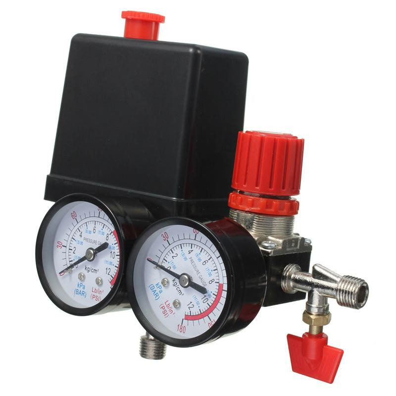 Luft Komessor Tryck Ventil Växla Grenrör Lättnad Regulator Mätare 180psi 240v 45x75x80mm