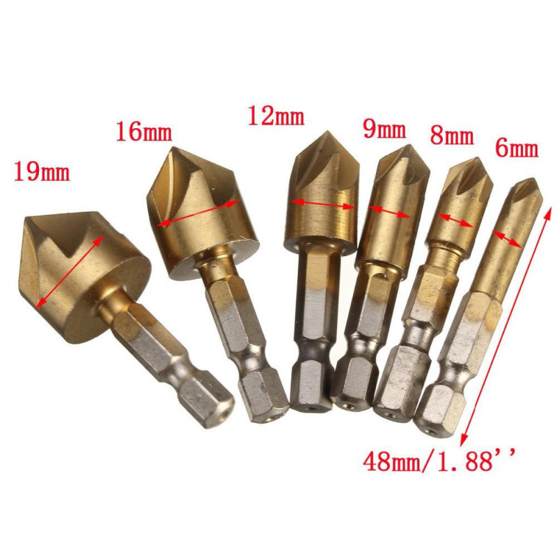 6pcs 5 Flöjt Avfasning Försänkning 1 4 Hex Skaft Hss 90 Grad Trä Fasning Fräs Avfasning 6mm19mm