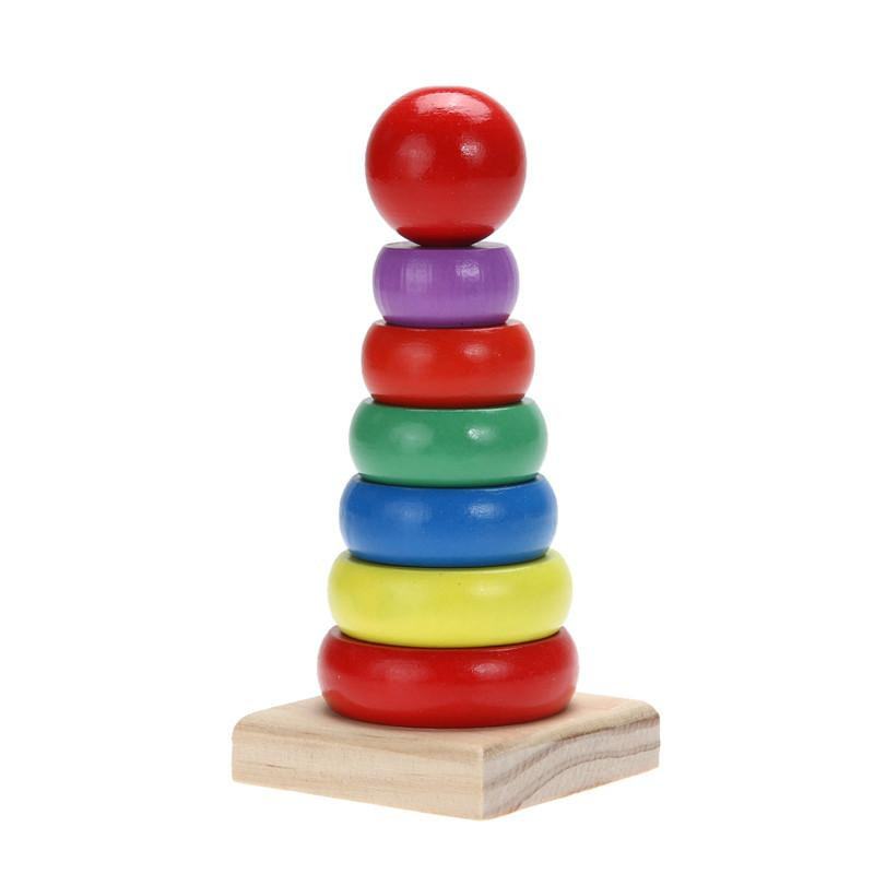 Design Barn Bebis Leksak Trä Stacking Ringa Torn Pedagogisk Leksaker Regnbåge Stack Upp Fci